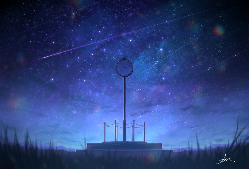 alu.m_(alpcmas) blue_theme blurry clock commentary dark depth_of_field grass hill lens_flare meteor_shower night night_sky no_humans original scenery signature sky star_(sky) starry_sky