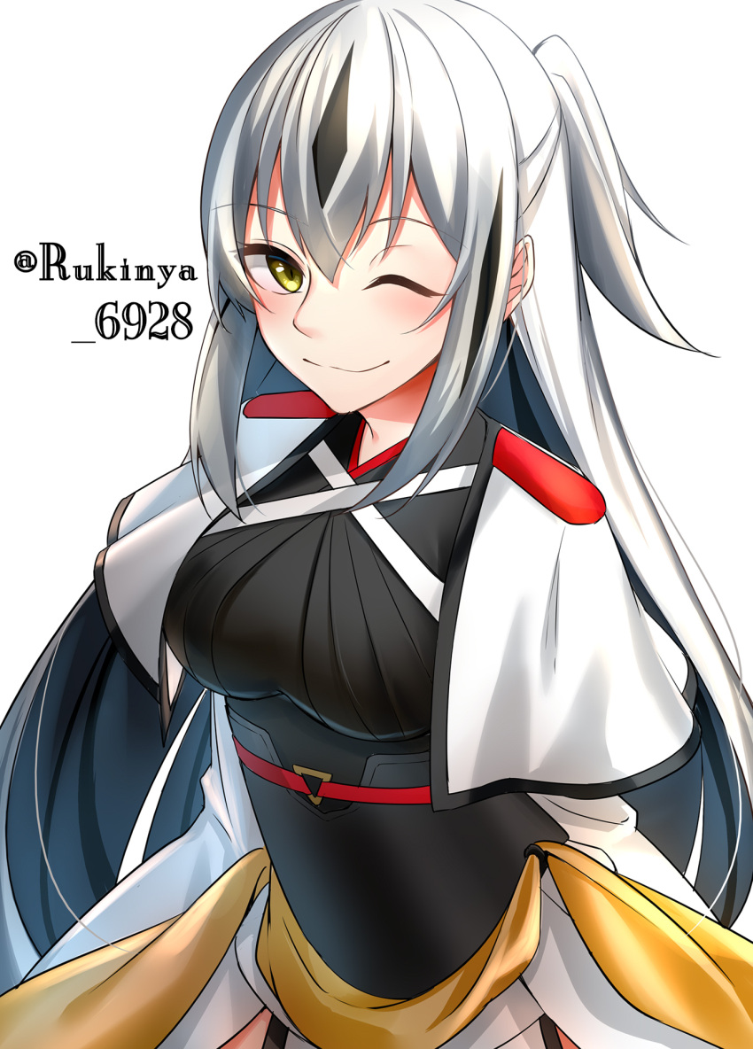 1girl ;) bangs black_hair blush breasts brown_eyes capelet closed_mouth commentary_request eyebrows_visible_through_hair fate/grand_order fate_(series) grey_hair hair_between_eyes highres long_hair looking_at_viewer medium_breasts multicolored_hair nagao_kagetora_(fate) one_eye_closed one_side_up rukinya_(nyanko_mogumogu) sidelocks simple_background smile solo twitter_username two-tone_hair very_long_hair white_background white_capelet