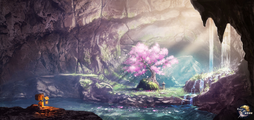 artist_name cave cherry_blossoms fantasy flower grass highres light_rays mecha nature no_humans original petals rapt_(47256) robot scenery stone_lantern stream sunlight water waterfall watermark wind