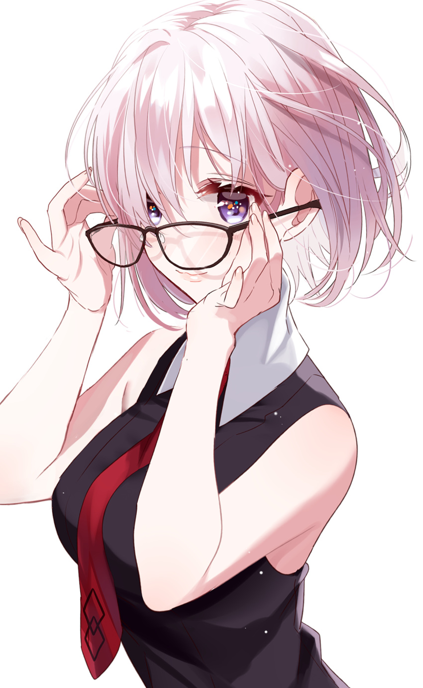 1girl bangs black-framed_eyewear black_shirt blush breasts closed_mouth commentary_request eyebrows_visible_through_hair fate/grand_order fate_(series) glasses hair_between_eyes hair_over_one_eye hands_on_eyewear highres holding holding_eyewear large_breasts lavender_hair lips looking_at_viewer mash_kyrielight misumi_(macaroni) necktie red_neckwear shirt short_hair simple_background sleeveless smile solo upper_body violet_eyes white_background