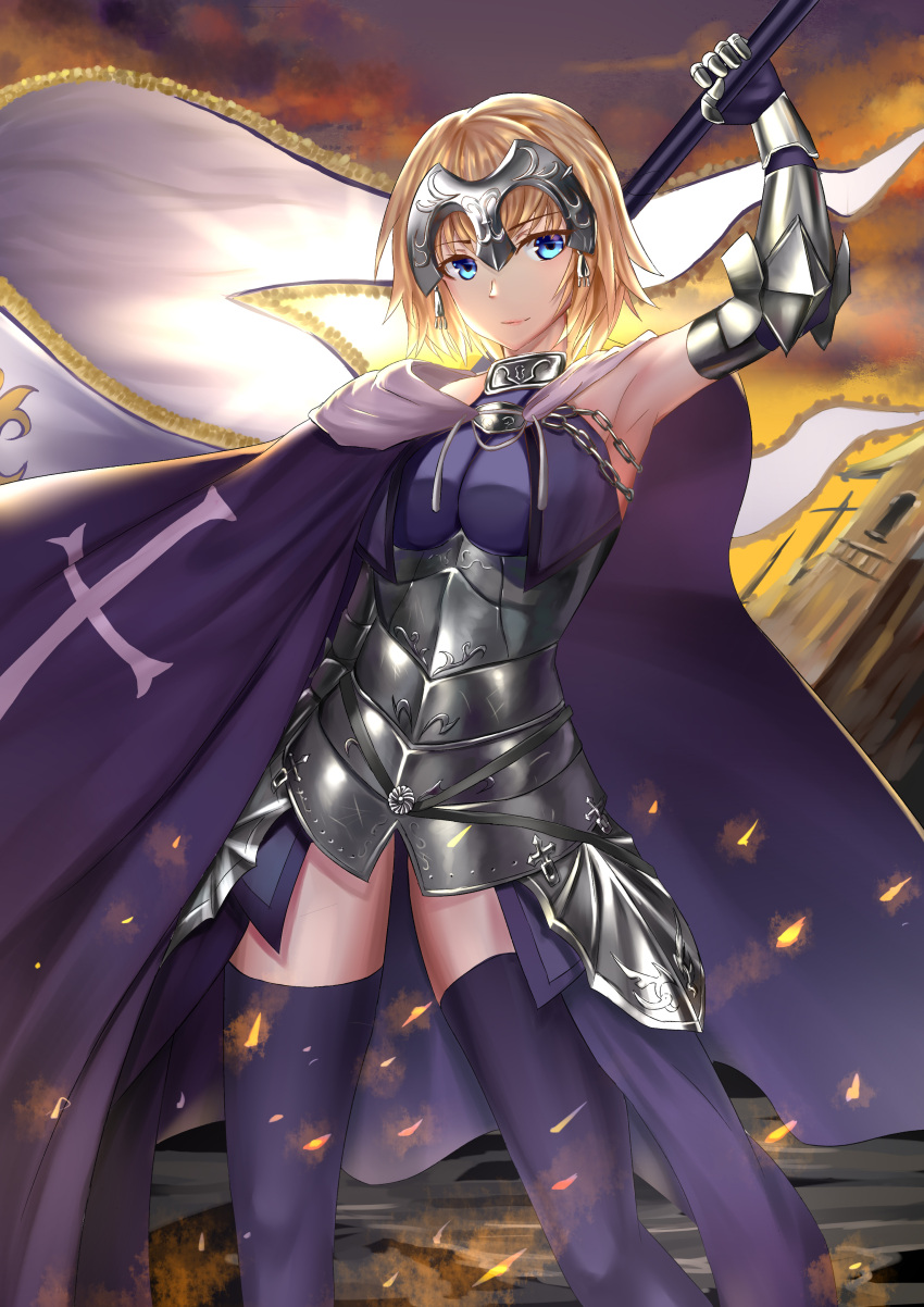 1girl absurdres alternate_hair_length alternate_hairstyle arm_up armor armored_dress armpits banner black_legwear blonde_hair blue_cape blue_dress blue_eyes cape chain dress eyebrows_visible_through_hair fate/apocrypha fate_(series) faulds gauntlets headpiece highres holding jeanne_d'arc_(fate) jeanne_d'arc_(fate)_(all) looking_at_viewer outdoors short_hair sleeveless sleeveless_dress solo standing thigh-highs ying_fa