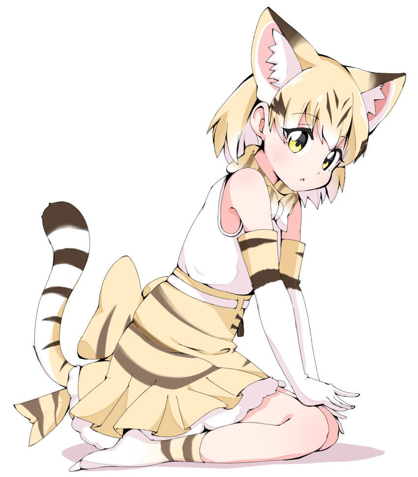 1girl animal_ear_fluff animal_ears animal_print back_bow bare_shoulders blonde_hair bow bowtie brown_hair cat_ears cat_print cat_tail commentary_request elbow_gloves extra_ears eyebrows_visible_through_hair frilled_skirt frills gloves hands_on_own_knees high-waist_skirt highres kemono_friends kneeling multicolored_hair no_shoes pleated_skirt print_gloves print_legwear print_neckwear print_skirt sand_cat_(kemono_friends) seiza short_hair sitting skirt sleeveless socks solo tail user_cpfg3235 white_hair yellow_eyes