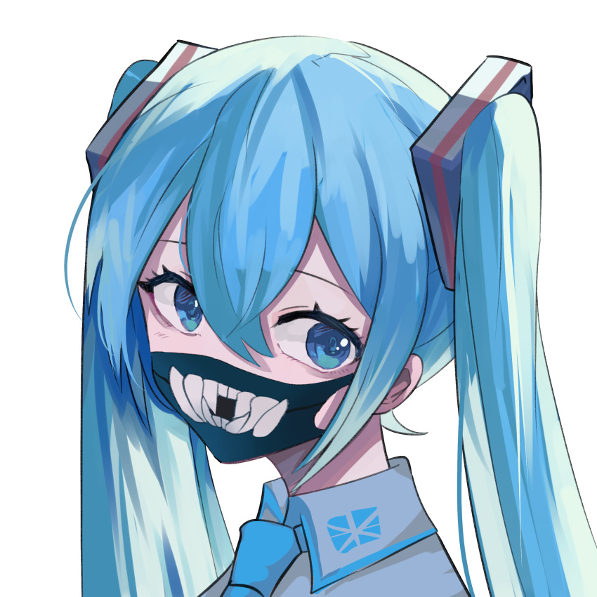 1girl absurdres bangs blue_eyes blue_hair blue_neckwear collared_shirt commentary eyebrows_behind_hair gomiyama hair_between_eyes hatsune_miku highres long_hair looking_at_viewer mask mouth_mask necktie portrait shirt simple_background solo teeth_print twintails vocaloid white_background white_shirt