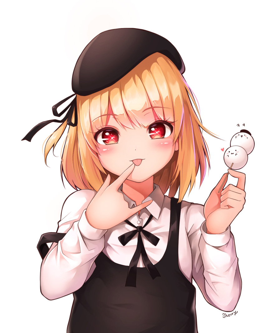 1girl :p \m/ bangs beret black_dress black_headwear black_ribbon blonde_hair bloody0rabby blush closed_mouth collared_shirt commentary dango dress eyebrows_visible_through_hair food hair_between_eyes hands_up hat highres holding holding_food looking_at_viewer multicolored_hair neck_ribbon original purple_hair red_eyes ribbon shirt signature simple_background sleeveless sleeveless_dress smile solo streaked_hair tongue tongue_out upper_body wagashi white_background white_shirt