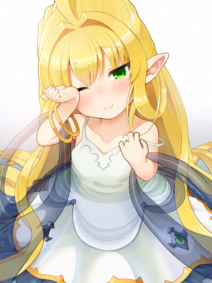 1girl absurdres bangle bangs bare_arms bare_shoulders blonde_hair blush bracelet closed_mouth collarbone commentary_request emerald_(gemstone) eyebrows_visible_through_hair gem gold_trim granblue_fantasy green_eyes hair_intakes hair_spread_out harvin head_tilt highres jewelry kirii_nao long_hair looking_at_viewer melissabelle nose_blush one_eye_closed pointy_ears ring rubbing_eyes shiny shiny_hair smile solo strap_slip tears very_long_hair