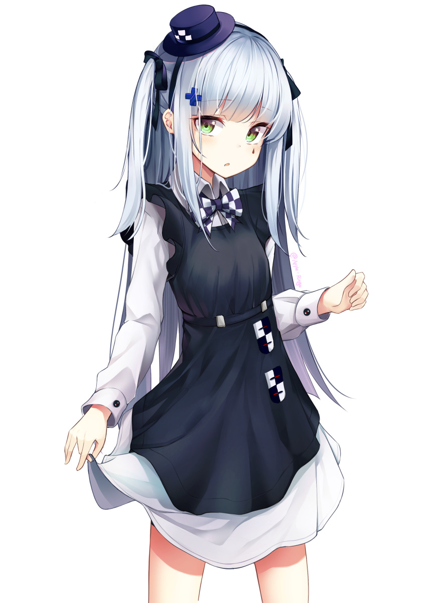 1girl absurdres alternate_costume apple_ringo black_dress black_ribbon bow bowtie checkered checkered_neckwear cowboy_shot dress eyebrows_visible_through_hair girls_frontline green_eyes hair_ribbon hat highres hk416_(girls_frontline) long_hair looking_at_viewer mini_hat mini_top_hat ribbon shirt silver_hair simple_background solo top_hat two_side_up white_background white_shirt