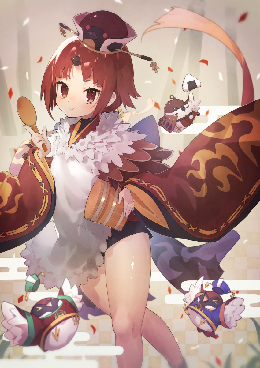 1girl absurdres apron benienma_(fate/grand_order) bird brown_eyes brown_hair fate/grand_order fate_(series) food hat highres japanese_clothes low_ponytail ohitsu onigiri rice_spoon shirama_(c2h76_5) smile sparrow wide_sleeves