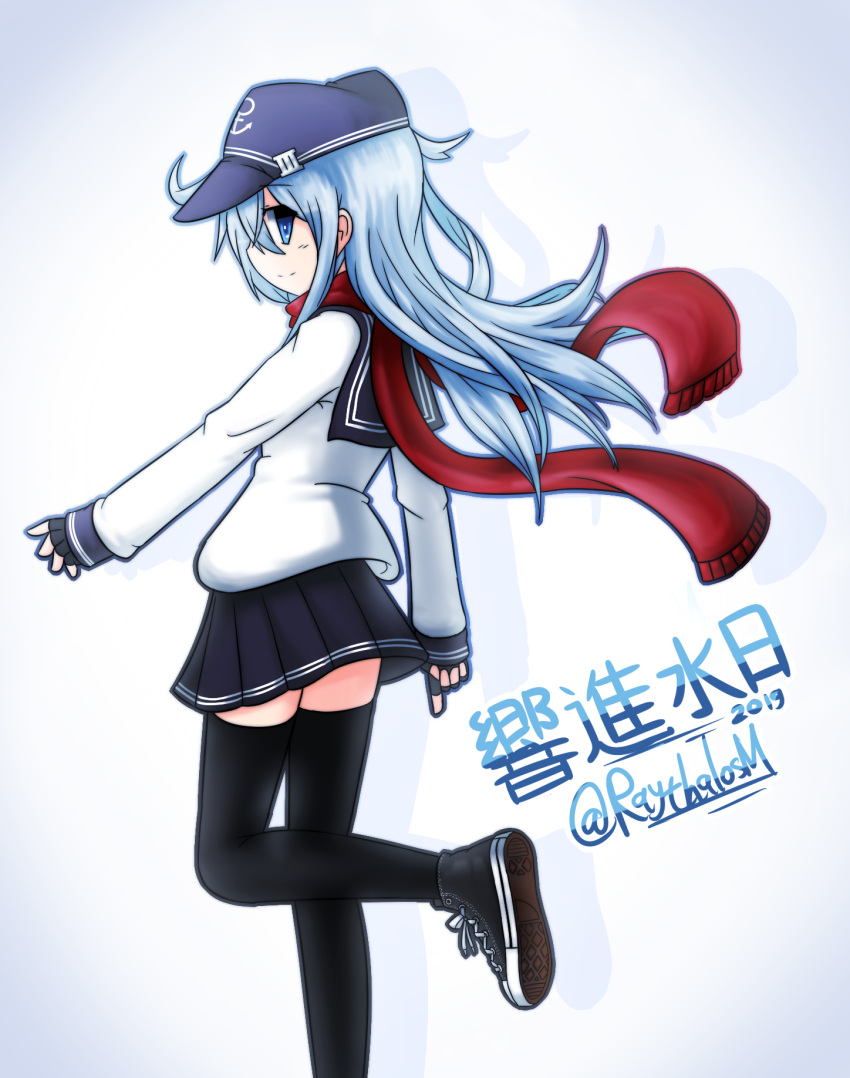 1girl anchor_symbol bangs black_footwear black_gloves black_legwear black_sailor_collar black_skirt blue_eyes blue_hair blue_headwear blush closed_mouth commentary_request eyebrows_visible_through_hair fingerless_gloves flat_cap floating_hair fringe_trim gloves hair_between_eyes hat hibiki_(kantai_collection) highres kantai_collection long_hair long_sleeves pleated_skirt raythalosm red_scarf sailor_collar scarf school_uniform serafuku shirt shoe_soles shoes skirt smile solo standing standing_on_one_leg thigh-highs translated twitter_username very_long_hair white_shirt