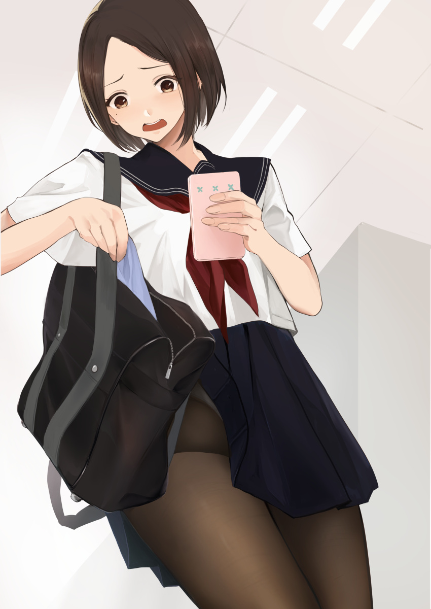 1girl absurdres akito_(d30n26) bag black_legwear brown_eyes brown_hair cellphone highres open_mouth original panties panties_under_pantyhose pantyhose phone pleated_skirt school_bag school_uniform serafuku short_hair skirt smartphone underwear