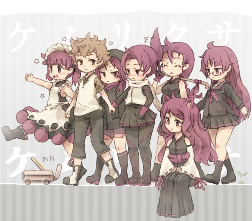 1boy 6+girls ^_^ ^o^ animal_ears black_legwear breasts brown_eyes brown_hair character_request closed_eyes facing_another fox_ears glasses japanese_clothes kemurikusa kneehighs kolshica large_breasts long_hair looking_at_another looking_to_the_side miko multiple_girls pantyhose purple_hair short_hair sitting