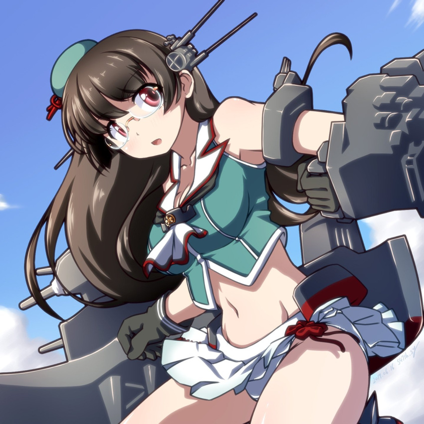 1girl 547th_sy beret black_gloves black_hair blue_sky choukai_(kantai_collection) clouds cowboy_shot day glasses gloves hair_ornament hat headgear highres kantai_collection leaning_forward long_hair looking_at_viewer machinery midriff navel outdoors panties pleated_skirt red_eyes remodel_(kantai_collection) rimless_eyewear shirt skirt sky sleeveless sleeveless_shirt solo underwear white_panties white_skirt