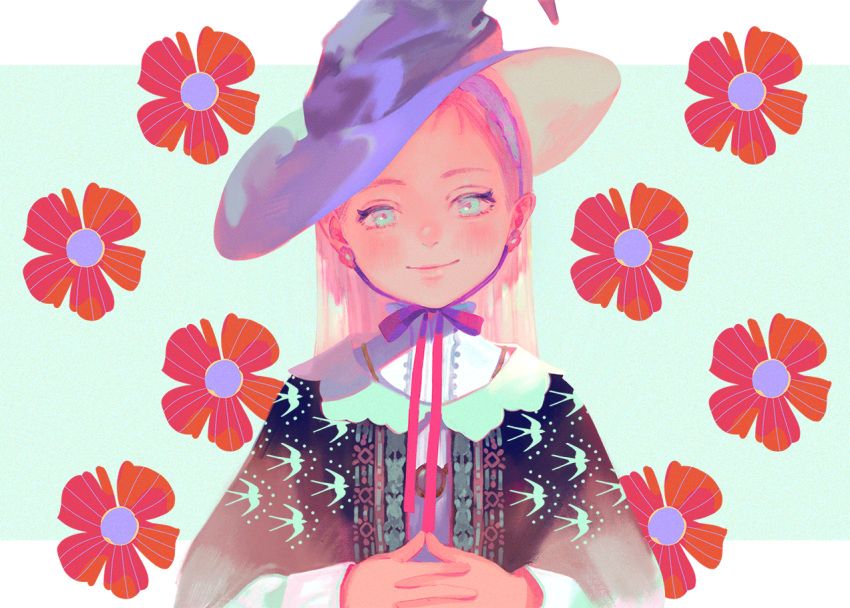 1girl animated animated_gif aqua_eyes blue_flower blush earrings flower hands_together hat jewelry long_hair long_sleeves looking_at_viewer original red_flower red_ribbon ribbon satomatoma smile solo upper_body white_flower witch_hat