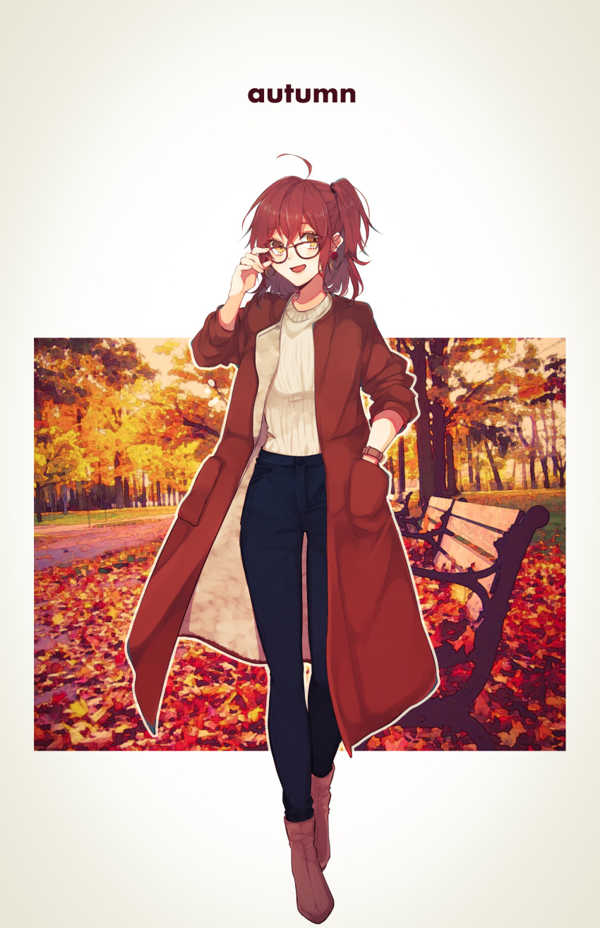 1girl :d absurdres adjusting_eyewear ahoge autumn black-framed_eyewear blue_pants boots brown_coat brown_eyes brown_footwear brown_hair coat fate/grand_order fate_(series) fujimaru_ritsuka_(female) full_body glasses hair_between_eyes hand_in_pocket highres looking_at_viewer marei_(mercy) open_clothes open_coat open_mouth pants short_hair side_ponytail smile solo standing sweater watch watch white_sweater