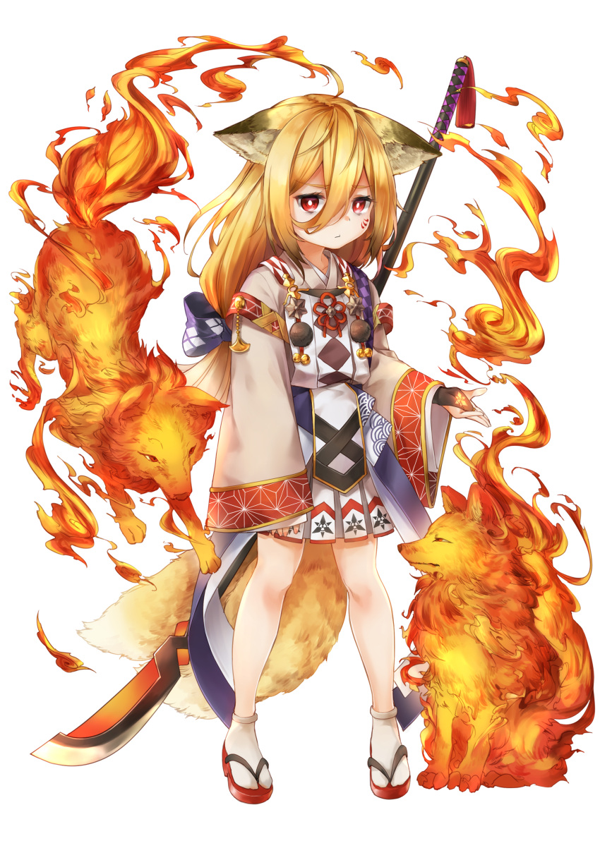 1girl absurdres ahoge animal_ears bags_under_eyes bangs blonde_hair bridal_gauntlets character_request closed_mouth commentary_request eyebrows_visible_through_hair facial_mark fire fox fox_ears fox_girl fox_tail full_body glowing grey_kimono hair_between_eyes highres japanese_clothes kimono kimono_skirt kitsune long_sleeves looking_at_viewer multiple_tails netamaru onmyoji pleated_skirt red_eyes red_footwear simple_background skirt socks solo standing tabi tail two_tails weapon weapon_on_back white_background white_footwear white_skirt wide_sleeves zouri