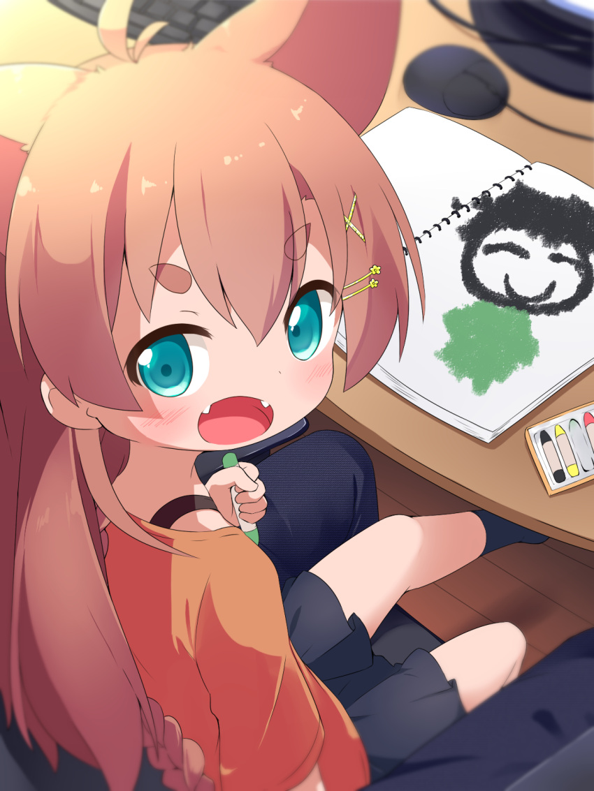 1girl :d animal_ears aqua_eyes bangs black_skirt blurry blurry_background blush braid brown_hair child_drawing commentary_request crayon extra_ears eyebrows_visible_through_hair fangs hair_ornament hairclip highres keyboard_(computer) long_hair looking_at_viewer makuran momiji_(makuran) mouse_(computer) open_mouth original short_eyebrows sitting skirt smile socks solo table thick_eyebrows wooden_floor