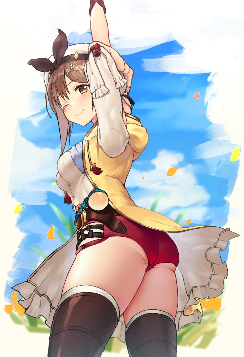 1girl arm_up ass atelier_(series) atelier_ryza black_panties blue_sky blush brown_eyes brown_hair closed_mouth clouds commentary_request day eyebrows_visible_through_hair grass hair_ornament hairclip hat highres okamen one_eye_closed panties petals red_shorts reisalin_stout short_hair short_shorts shorts sky smile solo standing thigh-highs thighs underwear white_headwear white_legwear