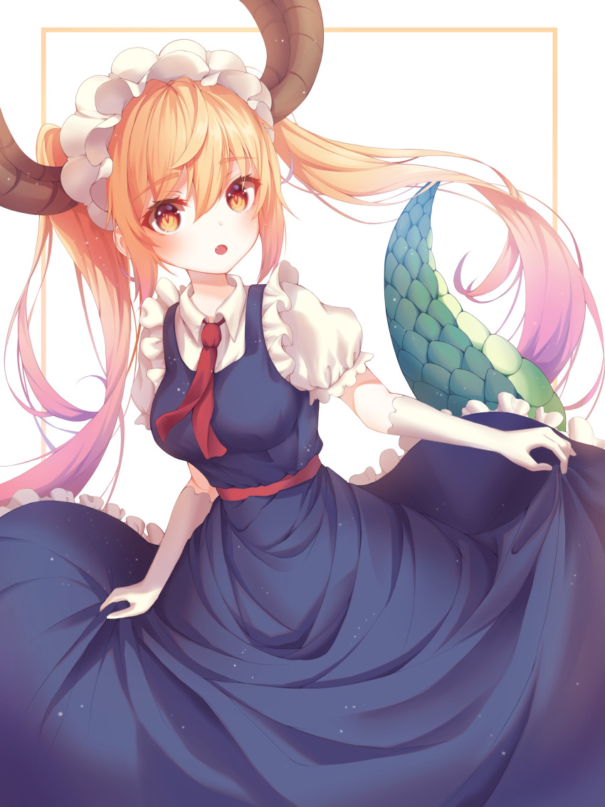 1girl :o absurdres bbeedol blue_dress breasts commentary_request dragon_girl dragon_horns dragon_tail dress fang floating_hair frills highres horns kobayashi-san_chi_no_maidragon long_hair looking_at_viewer maid_headdress medium_breasts necktie open_mouth orange_eyes orange_hair puffy_short_sleeves puffy_sleeves red_neckwear scales short_sleeves sidelocks skirt_hold slit_pupils solo tail tooru_(maidragon) twintails wing_collar