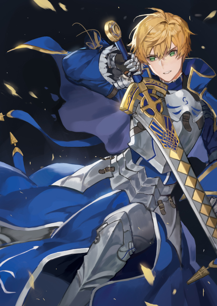 1boy absurdres armor armored_boots armored_dress arthur_pendragon_(fate) blonde_hair blue_cape blue_dress boots cape chyoel dress excalibur fate/prototype fate_(series) faulds gauntlets green_eyes hair_between_eyes highres holding holding_sword holding_weapon looking_at_viewer male_focus solo sword weapon