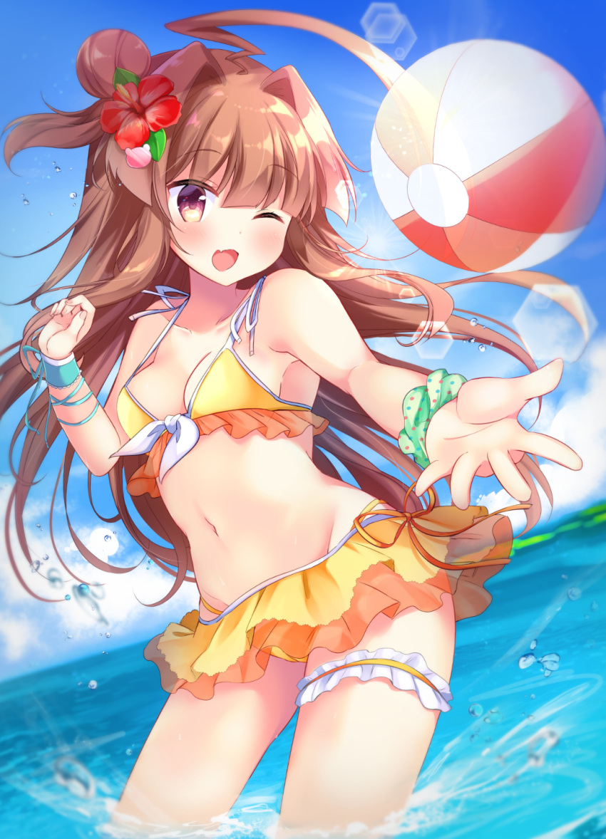 1girl ahoge ball bangs beachball bikini blush breasts brown_eyes brown_hair commentary_request day eyebrows_visible_through_hair fang flower hair_bun hair_flower hair_ornament hibiscus highres hip_bones huge_ahoge kantai_collection kuma_(kantai_collection) long_hair masayo_(gin_no_ame) navel one_eye_closed open_mouth outdoors red_flower scrunchie skin_fang solo swimsuit water wrist_scrunchie yellow_bikini