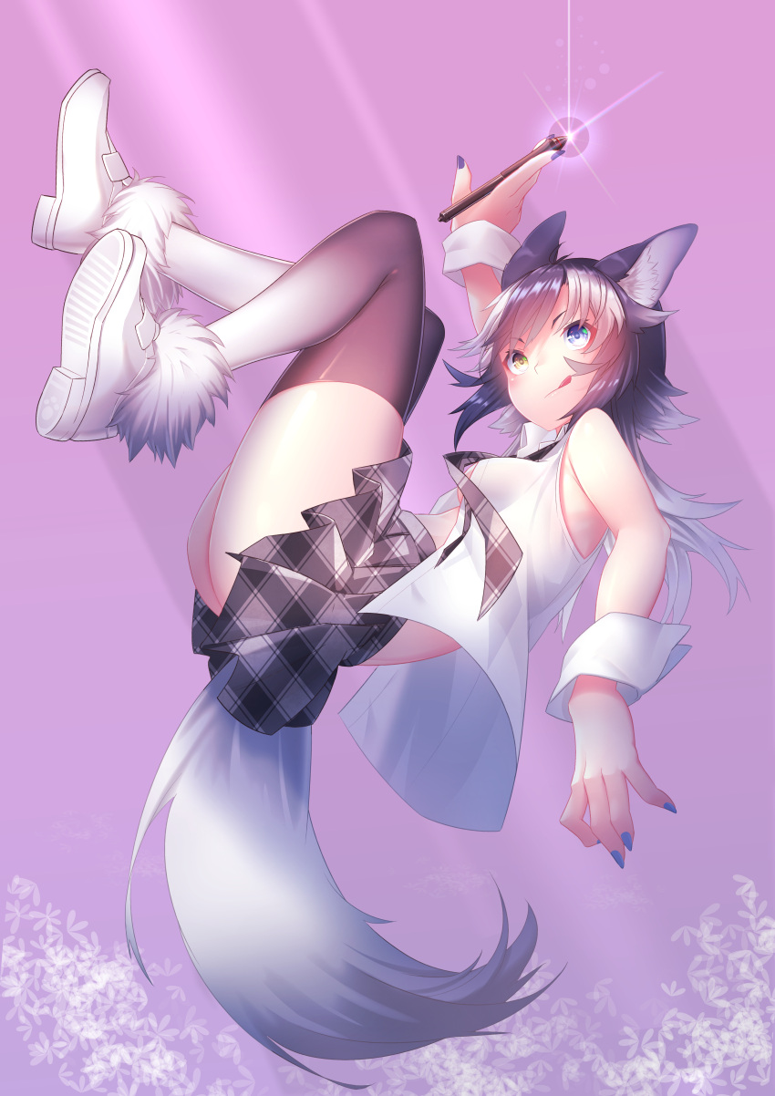 1girl absurdres animal_ears ass bare_shoulders black_hair blue_eyes blue_nails breasts eyebrows_visible_through_hair fur_trim gradient gradient_legwear grey_wolf_(kemono_friends) heterochromia highres kemono_friends medium_breasts multicolored multicolored_clothes multicolored_hair multicolored_legwear nail_polish necktie open_clothes open_shirt pencil plaid_neckwear sleeveless solo st.takuma tail tongue tongue_out two-tone_hair white_hair wolf_ears wolf_girl wolf_tail yellow_eyes