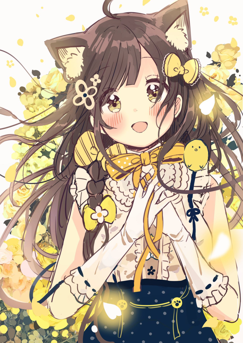 1girl :d animal animal_ear_fluff animal_ears animal_on_shoulder bangs bird bird_on_shoulder black_skirt blush bow brown_eyes brown_hair cat_ears center_frills chick commentary_request diagonal_stripes elbow_gloves eyebrows_visible_through_hair flower frilled_gloves frills gloves hair_bow hands_up highres long_hair open_mouth original own_hands_together petals polka_dot_skirt ribbon-trimmed_gloves ribbon_trim sakura_oriko shirt sketch skirt smile solo striped striped_bow upper_body very_long_hair white_background white_flower white_gloves white_shirt yellow_bow