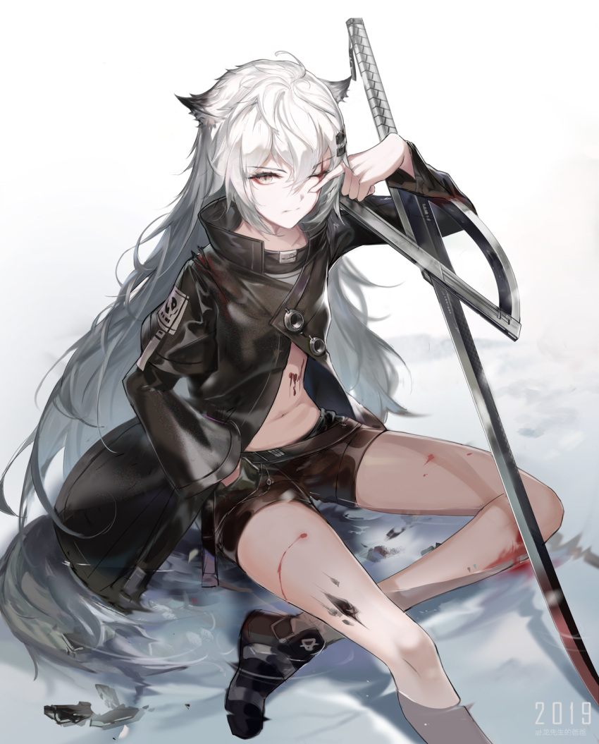 1girl 2019 animal_ear_fluff animal_ears arknights bangs black_footwear black_jacket black_shorts blood brown_eyes cuts eyebrows_visible_through_hair gradient gradient_background grey_background hair_between_eyes hand_in_pocket hand_up highres injury jacket long_hair long_sleeves looking_at_viewer navel one_eye_closed rabbit_(tukenitian) shallow_water shoes short_shorts shorts sitting solo sword tail very_long_hair weapon white_background white_hair