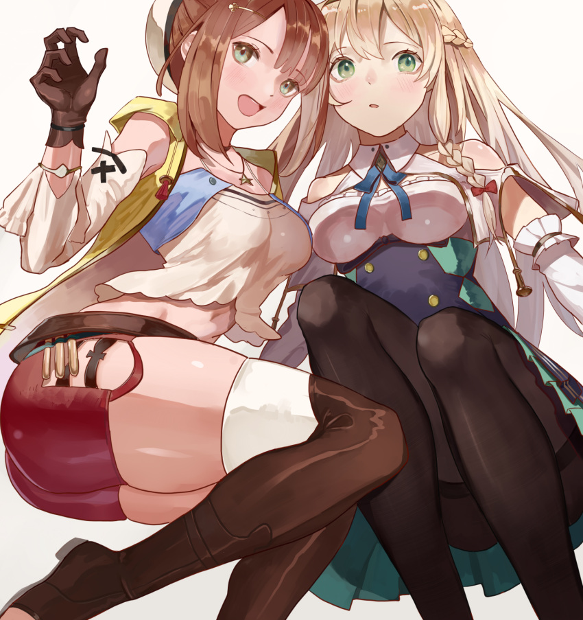 2girls :d ass atelier_(series) atelier_ryza bangs bare_shoulders belt beret blonde_hair blush boots braid breasts brown_belt brown_eyes brown_hair collar detached_sleeves green_eyes hair_between_eyes hair_ornament hairclip hat highres jacket jewelry klaudia_valentz leather leather_belt leather_boots looking_at_viewer medium_breasts midriff multiple_girls necklace open_mouth pantyhose parted_lips red_shorts reisalin_stout shirt short_shorts shorts sleeveless sleeveless_jacket smile star star_necklace thigh-highs thigh_boots thighs vic white_headwear white_legwear white_shirt yellow_jacket