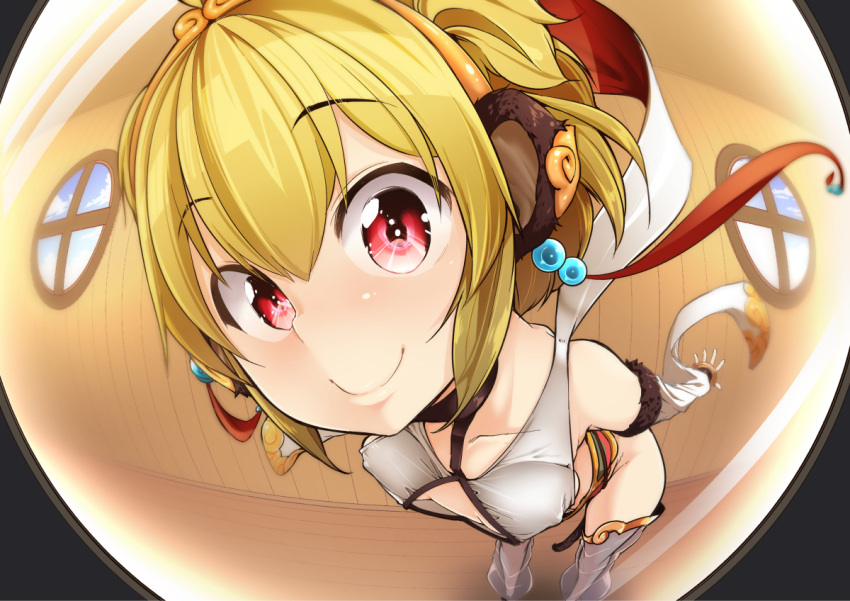 1girl aki_(akikaze_asparagus) andira_(granblue_fantasy) animal_ears bangs blonde_hair closed_mouth collarbone commentary_request covered_nipples detached_sleeves eyebrows_visible_through_hair fisheye granblue_fantasy indoors leaning_forward looking_at_viewer monkey_ears red_eyes smile solo standing thigh-highs twintails two_side_up