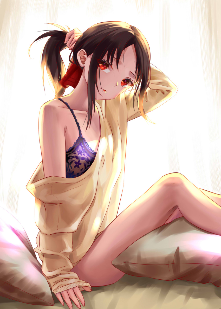 1girl absurdres amaroku_neko black_hair blue_bra bra closed_mouth collarbone from_side head_tilt highres kaguya-sama_wa_kokurasetai_~tensai-tachi_no_renai_zunousen~ long_hair looking_at_viewer off_shoulder ponytail print_bra red_eyes shinomiya_kaguya simple_background sitting solo sweater tying_hair underwear white_background yellow_sweater