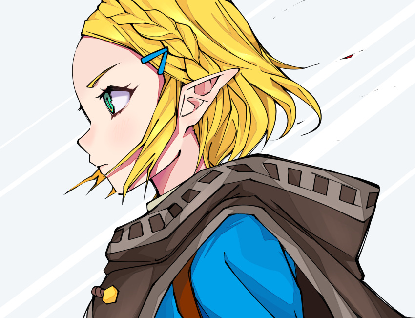 1girl absurdres bangs blonde_hair blue_jacket braid cape commentary_request crown_braid from_side green_eyes hair_ornament hairclip highres jacket nyokki763 parted_bangs pointy_ears princess_zelda short_hair simple_background solo the_legend_of_zelda:_breath_of_the_wild_2 thick_eyebrows upper_body white_background