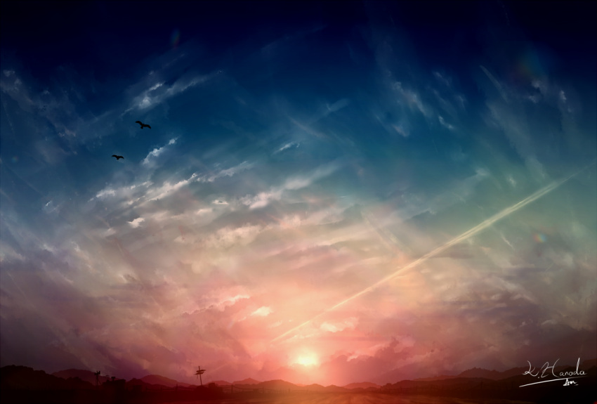 alu.m_(alpcmas) artist_name bird clouds condensation_trail fence hill lens_flare no_humans original scenery signature silhouette sky sunset