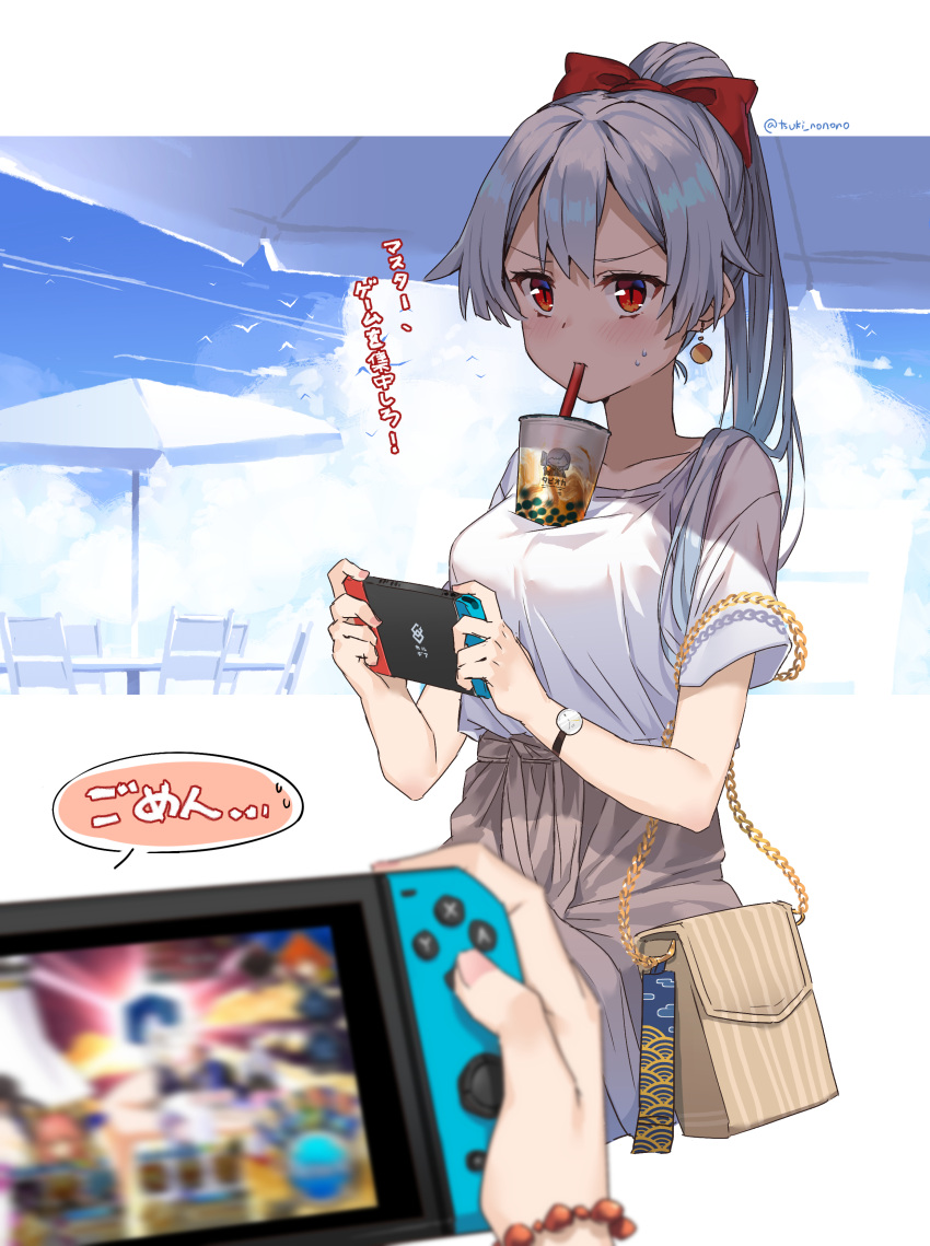 1girl absurdres bag bangs beach_umbrella bird blue_sky blush brown_skirt bubble_tea bubble_tea_challenge chain chair clouds commentary_request contemporary covered_nipples drinking_straw earrings fate/grand_order fate_(series) gold_chain hair_ribbon handbag highres jewelry long_hair looking_at_viewer merlin_(fate) meta nintendo_switch outside_border pov pov_hands red_eyes red_ribbon ribbon sesshouin_kiara shirt silver_hair skirt sky slit_pupils tamamo_(fate)_(all) tamamo_no_mae_(fate) tomoe_gozen_(fate/grand_order) translated tsukino_(nakajimaseiki) twitter_username umbrella very_long_hair watch white_shirt wristband
