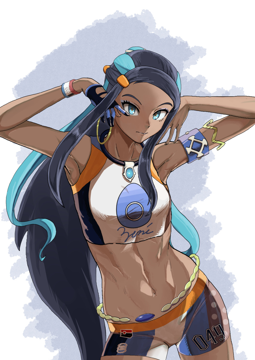 1girl abs absurdres armlet armpits arms_up bare_shoulders black_hair blue_eyes blue_hair breasts closed_mouth dark_skin earrings eyeliner forehead gloves hair_bun highres hoop_earrings iriri jewelry long_hair looking_at_viewer makeup multicolored_hair navel necklace pokemon pokemon_(game) pokemon_swsh rurina_(pokemon) shorts single_glove small_breasts solo sports_bra thighs