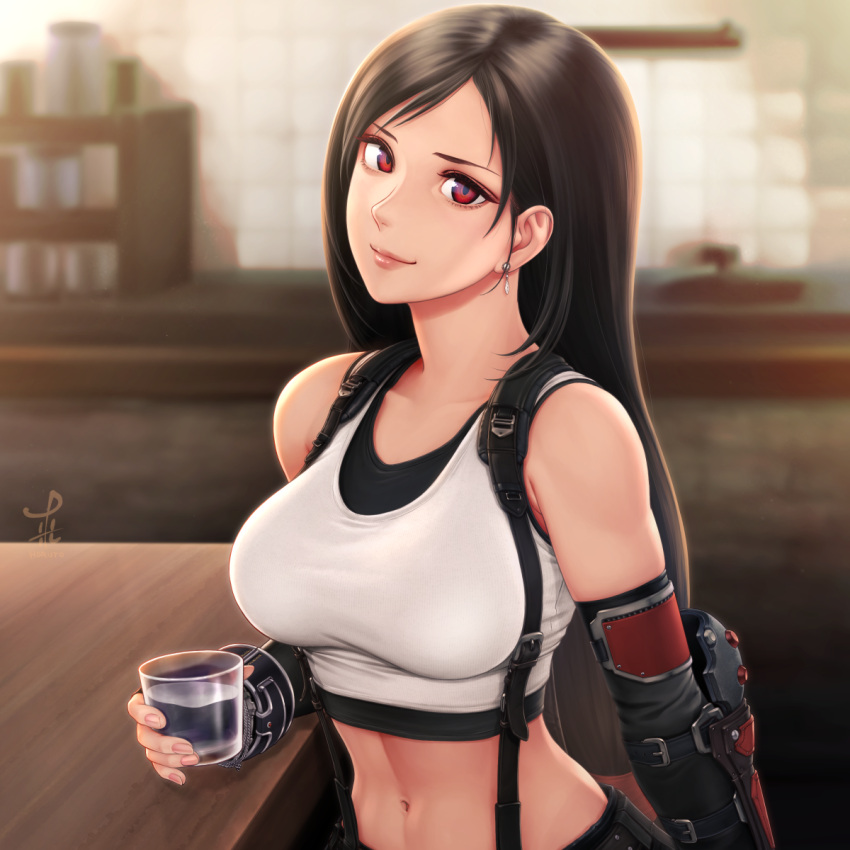 1girl bare_shoulders black_hair breasts cup drinking_glass earrings eyebrows_visible_through_hair final_fantasy final_fantasy_vii highres horiishi_horuto jewelry large_breasts long_hair looking_at_viewer midriff navel red_eyes sitting smile solo suspenders tifa_lockhart