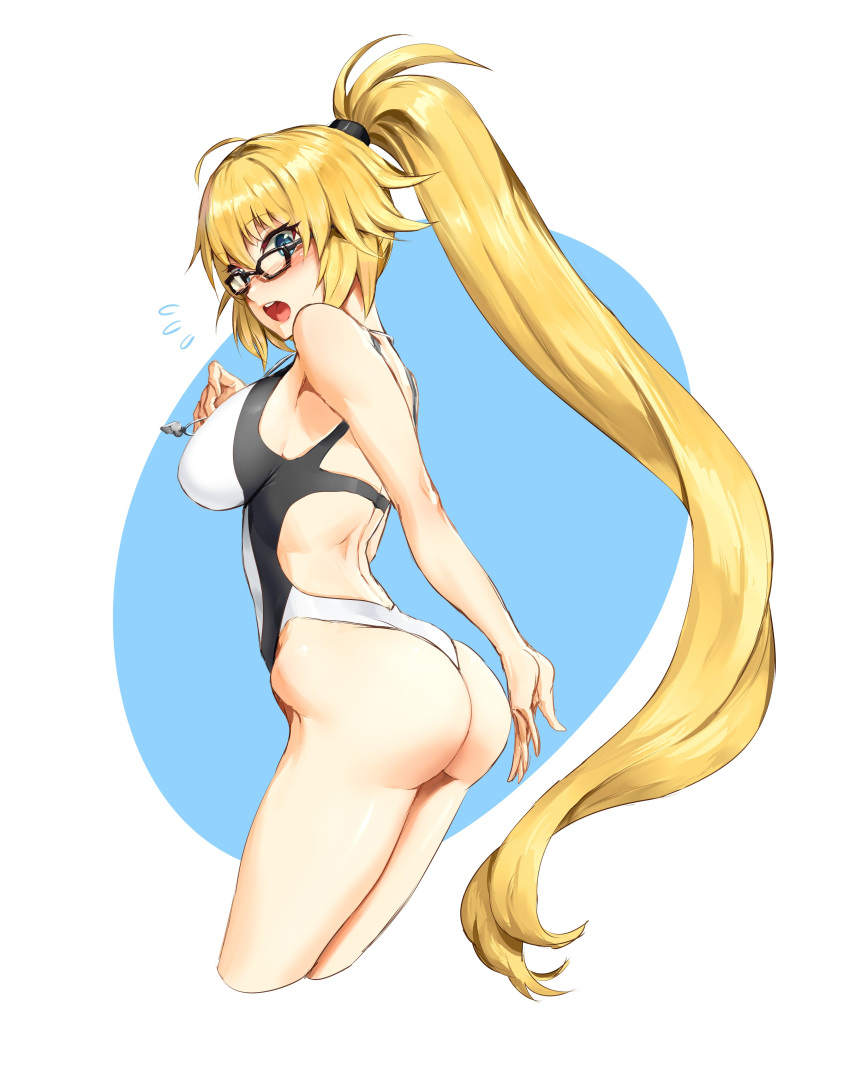 1girl absurdres ass athenawyrm bangs bare_arms bare_shoulders black-framed_eyewear blush breasts commentary eyebrows_visible_through_hair fate/grand_order fate_(series) glasses high_ponytail highleg highleg_swimsuit highres jeanne_d'arc_(fate)_(all) jeanne_d'arc_(swimsuit_archer) long_hair looking_at_viewer looking_back medium_breasts one-piece_swimsuit open_mouth ponytail shiny shiny_hair shiny_skin simple_background solo swimsuit thighs tied_hair very_long_hair whistle whistle_around_neck