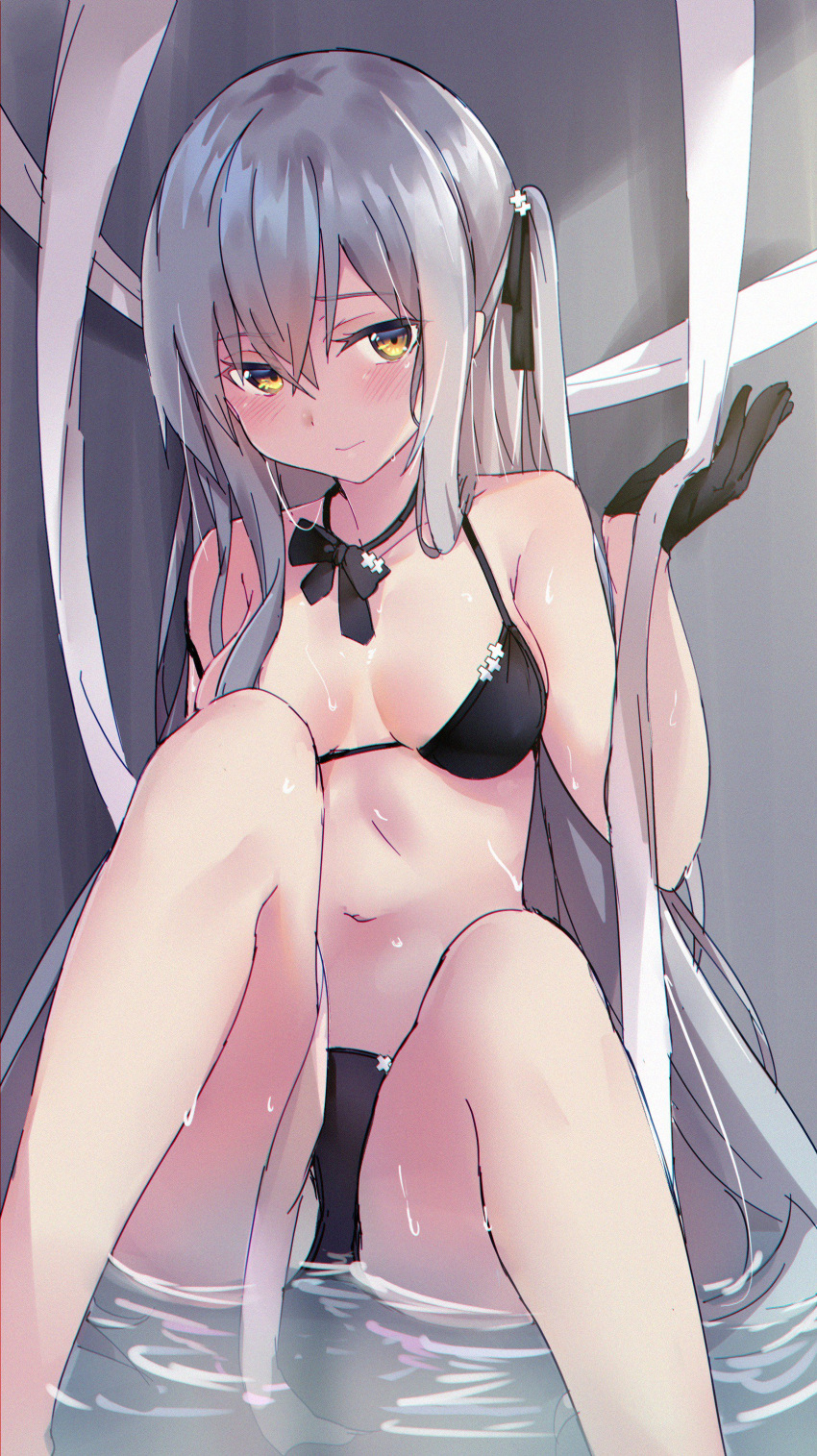 1girl absurdres bangs bare_arms bare_legs bare_shoulders bikini black_bikini black_gloves black_neckwear black_ribbon blush bow bowtie breasts breasts_apart closed_mouth collarbone feet_out_of_frame gloves hair_between_eyes hair_ribbon hand_up highres kure_(kure_ng) long_hair looking_at_viewer medium_breasts navel one_side_up original ribbon silver_hair sitting solo stomach strap_slip swimsuit thighs very_long_hair water wet white_ribbon yellow_eyes
