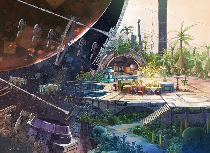 chair food fruit highres k_kanehira no_humans original planet scenery space stairs table