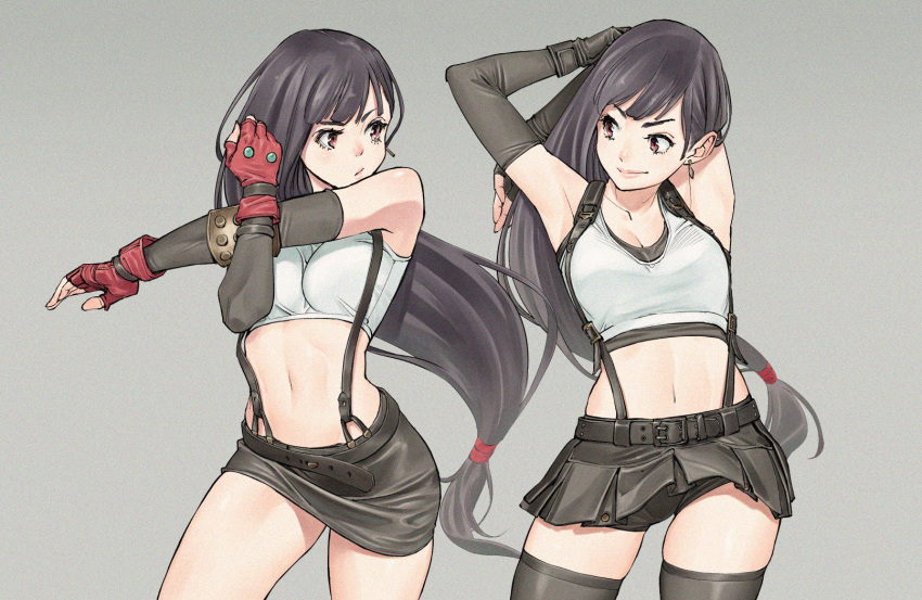 1girl armpits arms_behind_head bare_shoulders black_gloves black_hair black_skirt black_tank_top breasts brown_eyes closed_mouth commentary_request comparison dual_persona earrings elbow_gloves eye_contact final_fantasy final_fantasy_vii final_fantasy_vii_remake fingerless_gloves gloves highres jewelry large_breasts long_hair looking_at_another low-tied_long_hair low_tied_hair midriff miniskirt multiple_girls multiple_persona navel red_gloves shinya_komi shirt shorts shorts_under_skirt skirt smile smirk square_enix stretch suspender_skirt suspenders tank_top taut_clothes taut_shirt thigh-highs thighs tifa_lockhart white_tank_top zettai_ryouiki