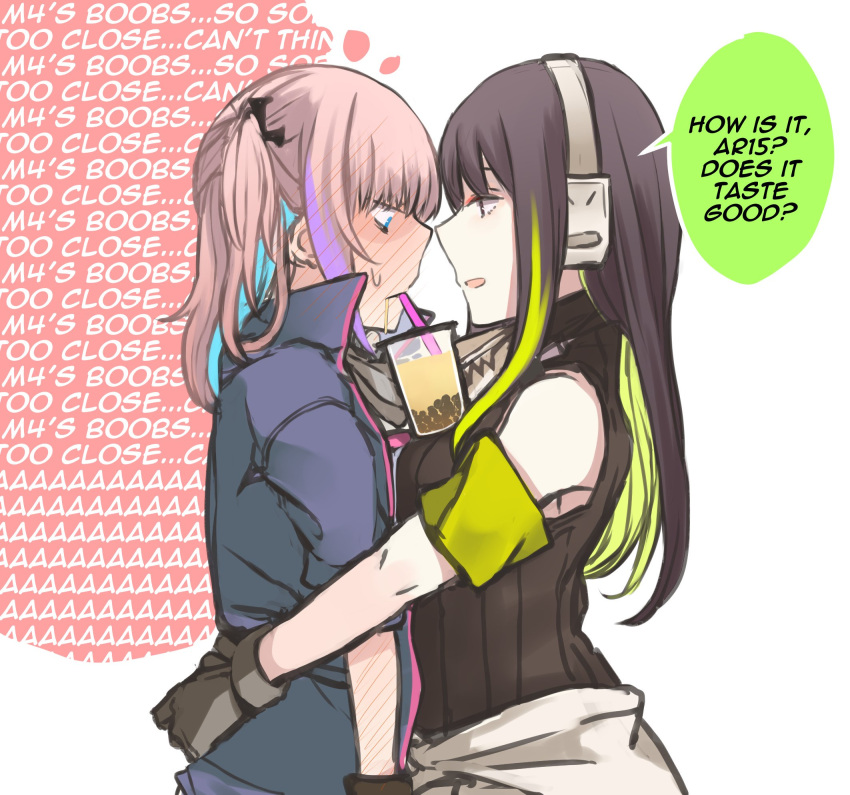 2girls armband bangs bare_shoulders black_gloves black_hair blue_eyes blue_hair bubble_tea cup drinking drinking_straw english_commentary english_text from_side girls_frontline gloves green_eyes headphones highres jacket long_hair m4a1_(girls_frontline) multicolored_hair multiple_girls pink_hair st_ar-15_(girls_frontline) two-tone_hair u_nagidon white_background yuri