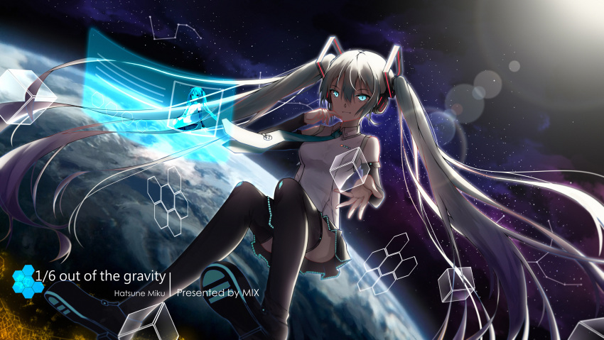 1girl absurdly_long_hair artist_name black_footwear black_skirt black_sleeves blue_eyes blue_hair blue_neckwear boots character_name closed_mouth collared_shirt constellation detached_sleeves floating_hair gradient_hair hair_between_eyes hatsune_miku highres long_hair long_sleeves looking_at_viewer miniskirt multicolored_hair necktie pleated_skirt shirt skirt sky sleeveless sleeveless_shirt solo space star_(sky) starry_sky thigh-highs thigh_boots very_long_hair vocaloid white_shirt wing_collar yuuki_mix zettai_ryouiki