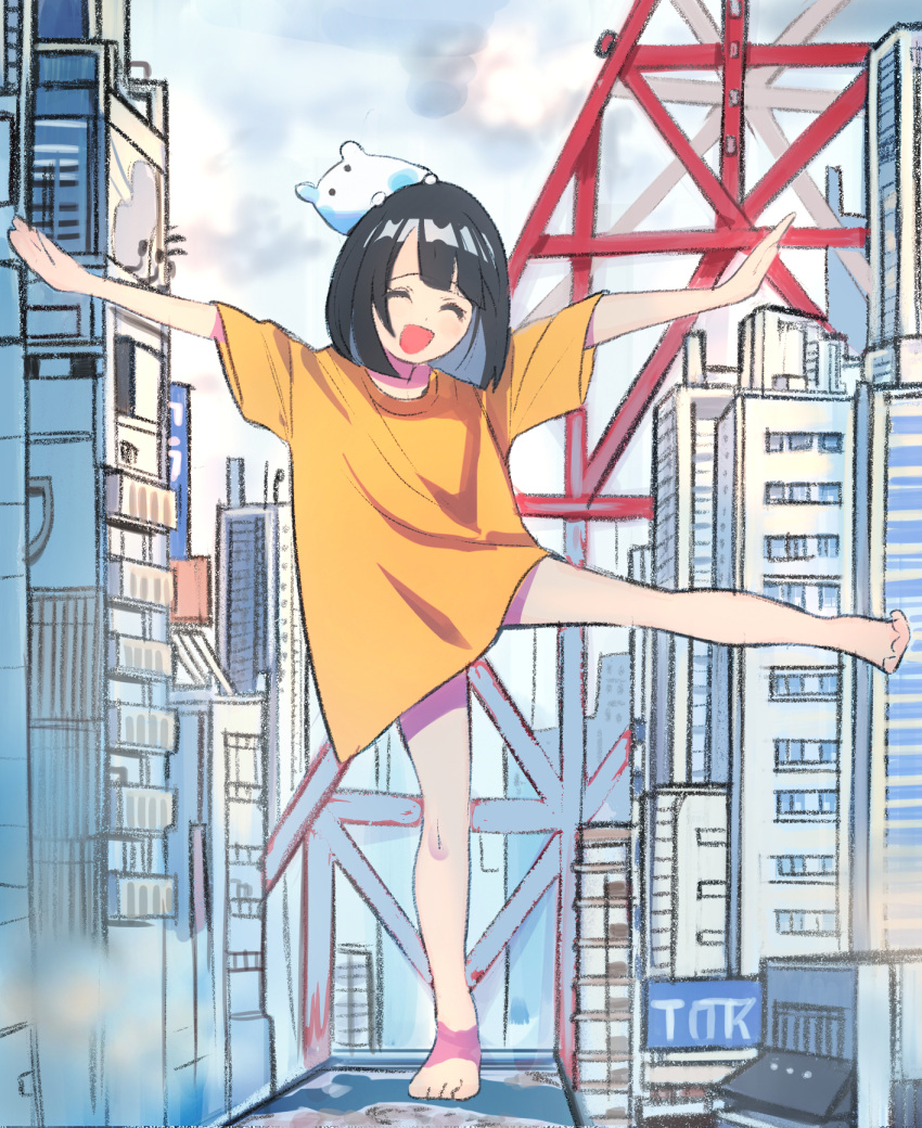 1girl :d ^_^ bangs bare_legs barefoot black_hair city closed_eyes clouds cloudy_sky commentary_request creature creature_on_head day full_body highres on_head open_mouth original outdoors outstretched_arms scenery shirt short_hair short_sleeves sky smile solo spread_arms standing standing_on_one_leg tokiwata_soul yellow_shirt