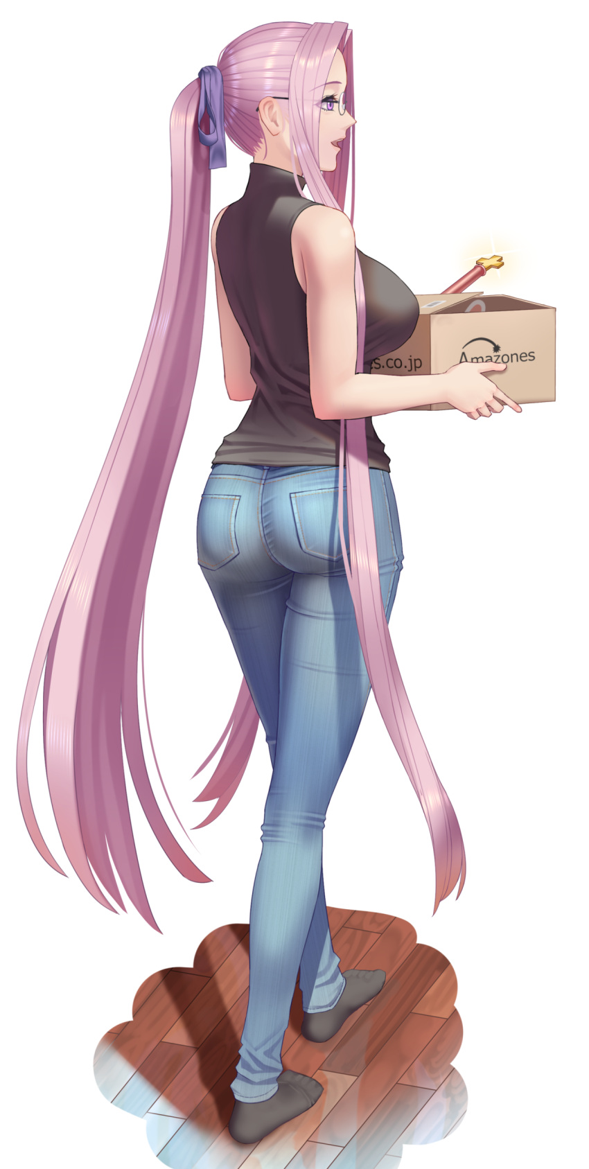 1girl :d absurdres alternate_costume ass bare_arms bare_shoulders black-framed_eyewear black_legwear box brand_name_imitation breasts cardboard_box casual closed_eyes denim fate/grand_order fate_(series) from_behind full_body glasses hair_ribbon highres holding jeans large_breasts long_hair looking_to_the_side open_mouth pants ponytail profile purple_hair purple_ribbon ribbon rider simple_background sleeveless smile socks solo standing takehisa_tomoe tight tight_pants very_long_hair violet_eyes white_background wooden_floor