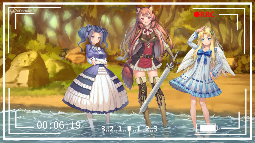 3girls :d absurdres angel_wings animal_ear_fluff animal_ears arm_up arms_under_breasts barefoot belt black_hair blonde_hair blue_bow blue_eyes blue_ribbon blush boots bow breasts brown_hair chinese_commentary collarbone commentary_request day dress feathered_wings firo_(tate_no_yuusha_no_nariagari) frilled_sleeves frills full_body gloves grass hair_ornament hair_ribbon hairclip hand_on_hip high_collar highres juliet_sleeves konishi_(565112307) long_hair long_sleeves looking_at_viewer melty_q_melromarc multiple_girls nature open_mouth outdoors pink_eyes puffy_sleeves raccoon_ears raccoon_girl raccoon_tail raphtalia recording red_eyes ribbon rock sidelocks signature smile sword tail tate_no_yuusha_no_nariagari thigh-highs thigh_boots tree twintails very_long_hair viewfinder wading water weapon white_dress white_wings wings
