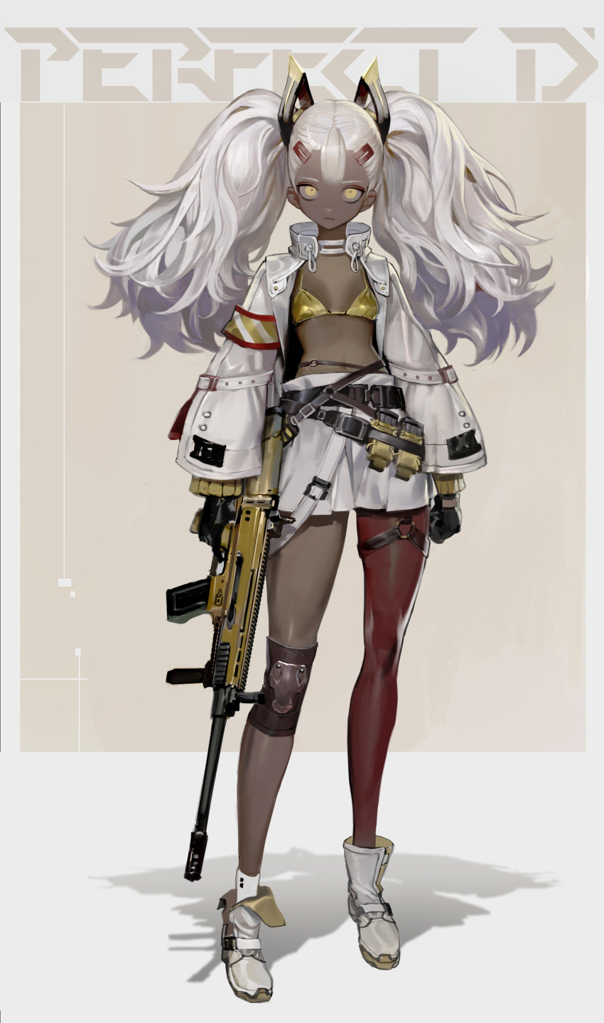 1girl absurdres ammunition ammunition_belt ankle_boots arms_at_sides assault_rifle asymmetrical_legwear belt boots breasts clip_(weapon) contrapposto dark_skin expressionless finger_on_trigger full_body gloves gun gun_request hair_ornament hairclip highres jacket knee_pads long_hair looking_at_viewer open_clothes open_jacket original rifle shycocoa simple_background skirt small_breasts solo twintails weapon white_hair yellow_eyes