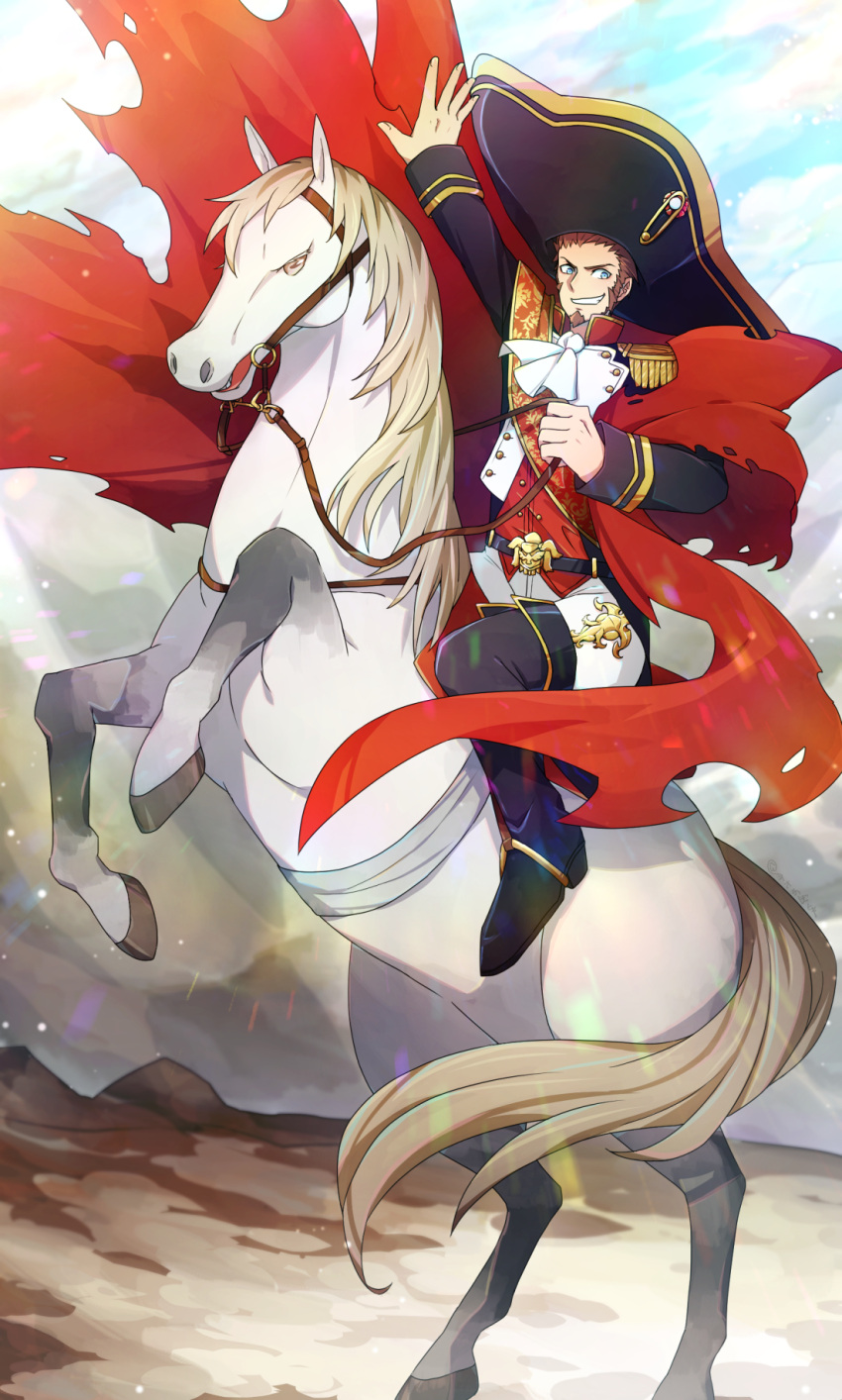 1boy beard blue_eyes brown_hair cape clouds cloudy_sky commentary_request epaulettes facial_hair fate/grand_order fate_(series) hat highres horse horseback_riding large_hat long_sleeves looking_at_viewer male_focus military military_uniform napoleon_bonaparte_(fate/grand_order) napoleon_crossing_the_alps neo_kabocha pants riding sash sky smile uniform
