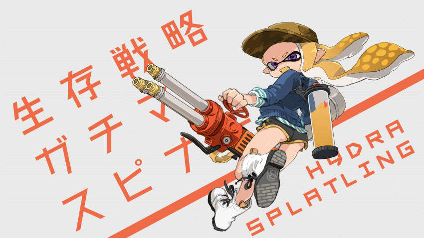 1girl baseball_cap black_shorts blonde_hair blue_sweater boots brown_headwear camouflage_hat commentary_request cross-laced_footwear domino_mask english_text fangs from_behind grey_background gym_shorts hat highres holding holding_weapon hydra_splatling_(splatoon) ink_tank_(splatoon) inkling lace-up_boots leaning_to_the_side long_sleeves looking_at_viewer looking_back mask no_legwear pointy_ears running shiohi short_shorts shorts solo splatoon_(series) splatoon_2 sweater tentacle_hair translation_request v-shaped_eyebrows violet_eyes weapon white_footwear yellow_tongue