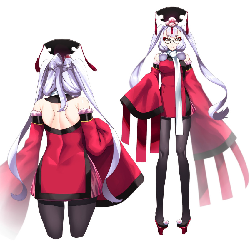 1girl alternate_costume alternate_hairstyle black_legwear brown_eyes chinese_clothes detached_sleeves hiememiko highres kantai_collection murakumo_(kantai_collection) scarf twintails white_background white_hair