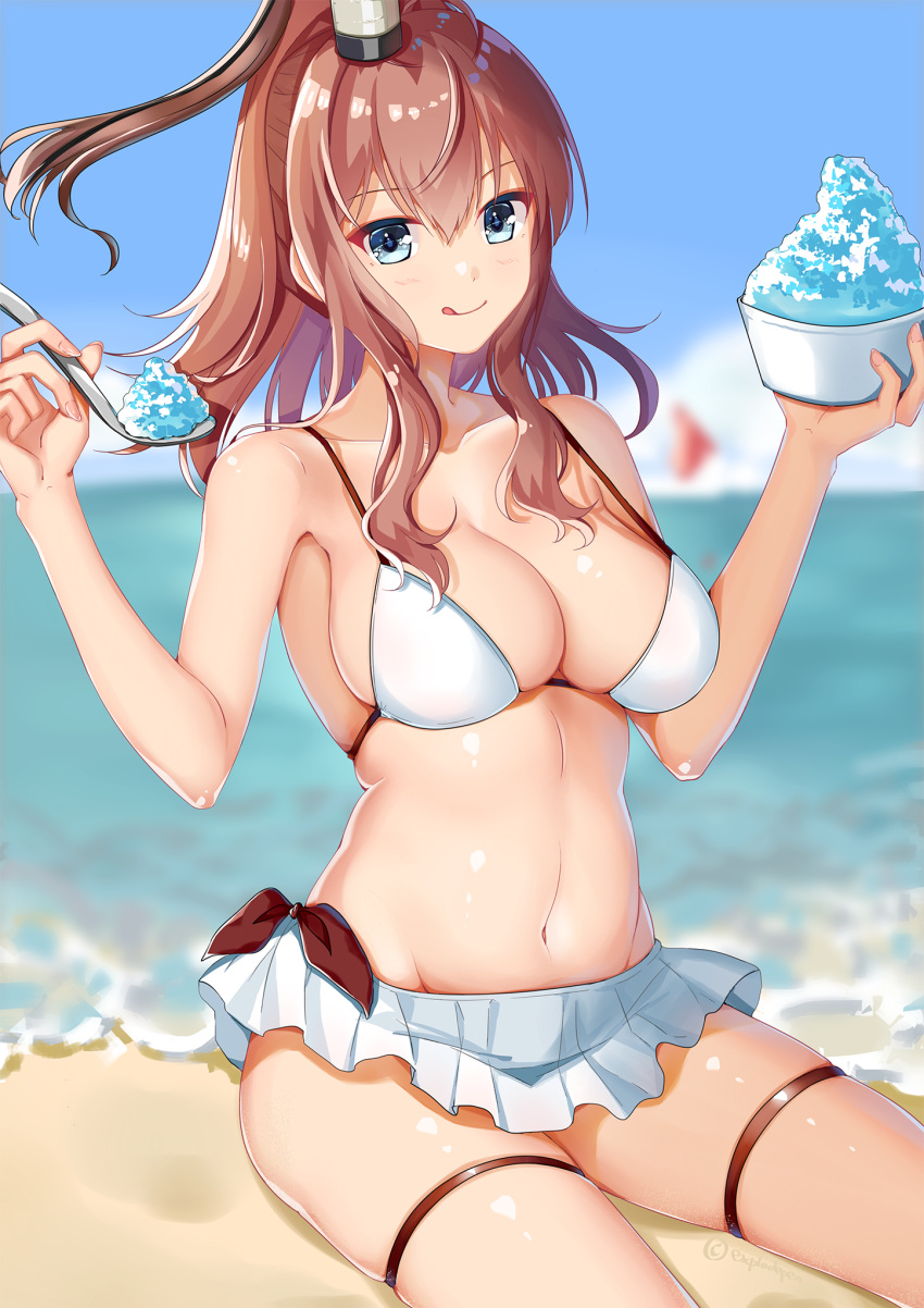 1girl bangs bare_shoulders beach blue_eyes blush breasts brown_hair closed_mouth collarbone commentary english_commentary eyebrows_visible_through_hair food groin hair_between_eyes hair_ornament highres holding holding_food kantai_collection large_breasts long_hair looking_at_viewer mahou_shounen microskirt navel ponytail sand saratoga_(kantai_collection) side_ponytail sidelocks sitting skindentation skirt smile smokestack solo spoon string_bikini swimsuit thigh_strap