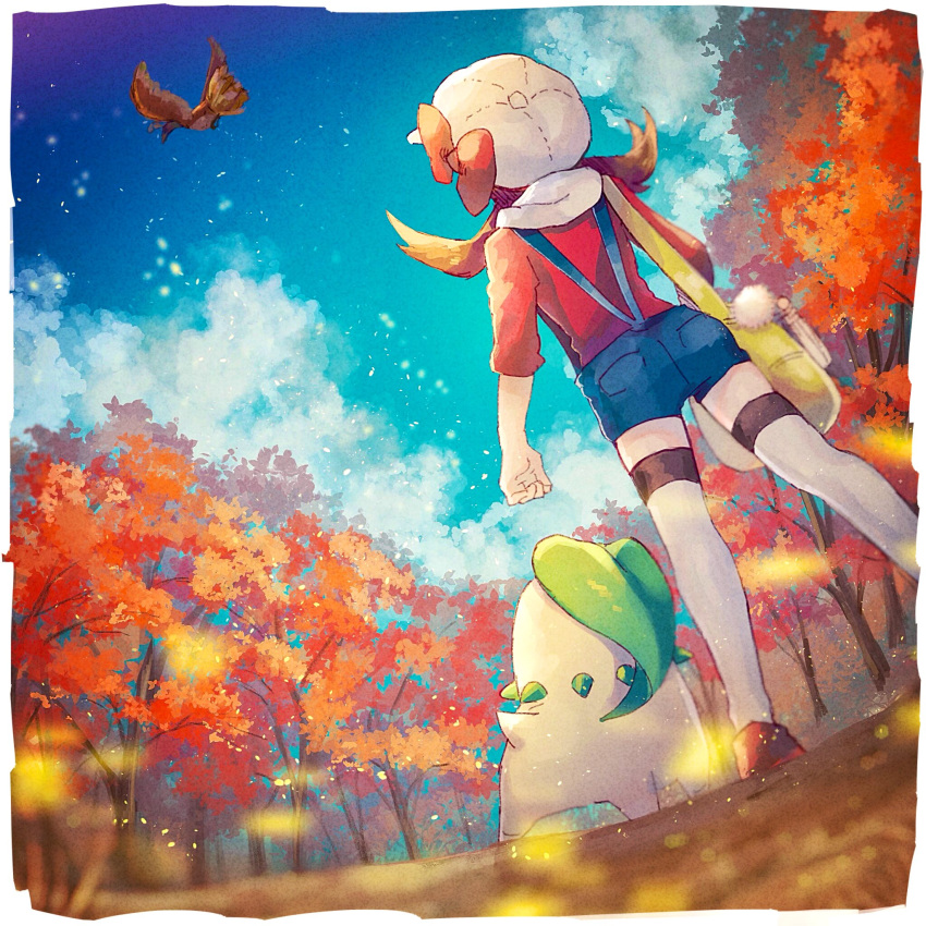 1girl 2others autumn bird blue_shorts bow brown_hair creatures_(company) day dinosaur from_below game_freak gen_2_pokemon hat hat_bow highres ho-oh human kotone_(pokemon) leaf_(specie) legendary_pokemon long_hair looking_up mu_acrt nintendo olm_digital outdoors pokemon pokemon_(anime) pokemon_(creature) pokemon_(game) pokemon_hgss rainbow_(specie) red_bow red_shirt shirt short_shorts shorts suspender_shorts suspenders thigh-highs twintails white_headwear zettai_ryouiki