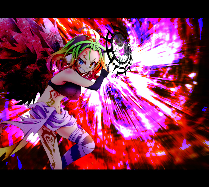 1girl ahoge azriel_(no_game_no_life) blue_eyes breasts clenched_teeth commentary_request crop_top facial_tattoo gloves gradient_hair green_hair grin halo heterochromia highres large_breasts long_hair low_wings magic magic_circle midriff mimi0846 multicolored_hair navel no_game_no_life smile solo symbol-shaped_pupils tattoo teeth torn_clothes wing_ears wings yellow_eyes